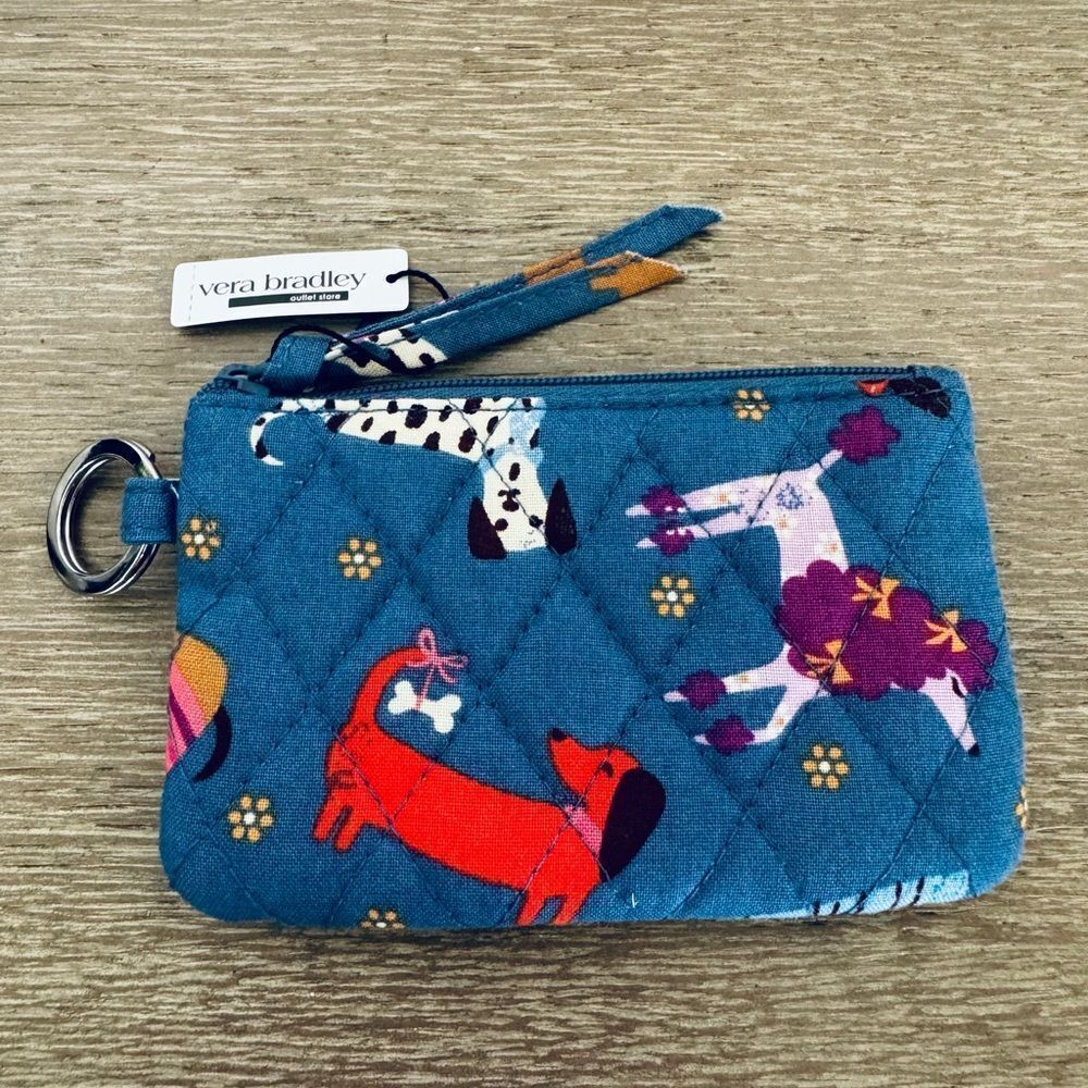 Vera Bradley Bark Park Dog Print Blue Zip ID Case Coin Purse